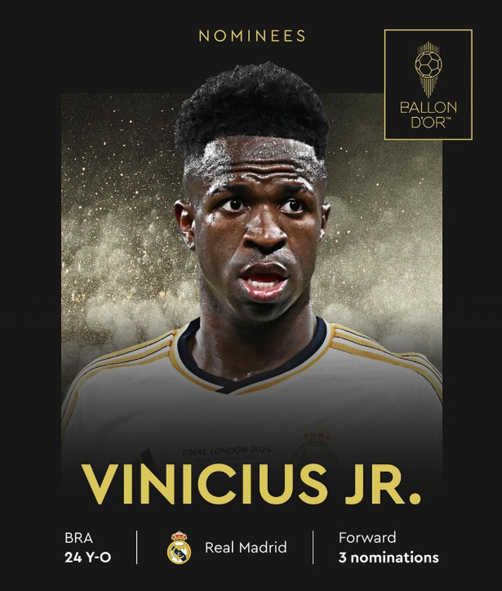 Vinicius Junior é um dos favoritos ao prêmio da Bola de Ouro 2024, da France Football — Foto: Divulgação / France Football