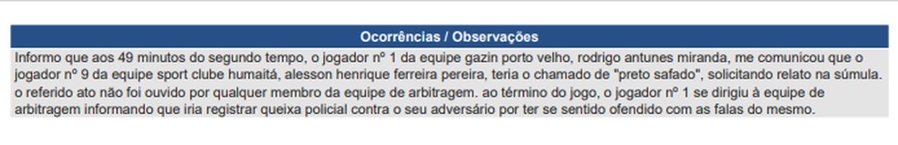 Árbitro de Porto Velho x Humaitá-AC relata caso na súmula da partida — Foto: CBF