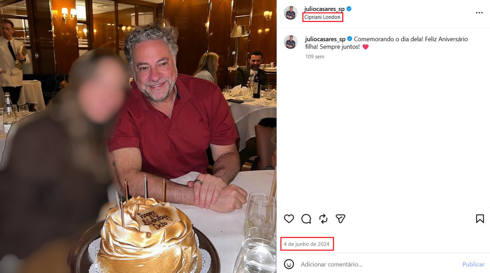 Casares comemora aniversário da filha em Londres — Foto: Reprodução / Instagram