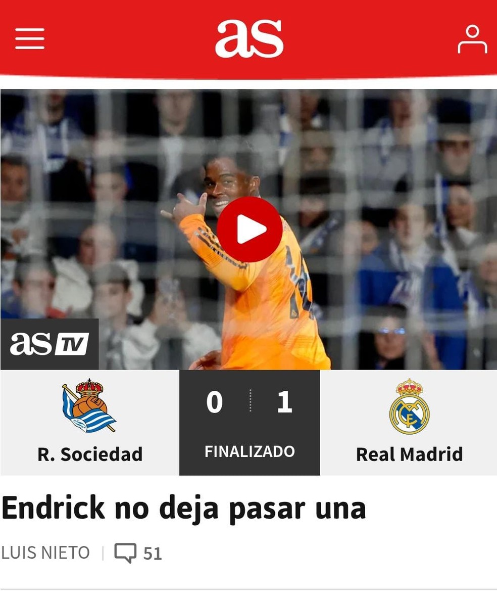 Jornal "As" repercute atuação de Endrick — Foto: Reprodução