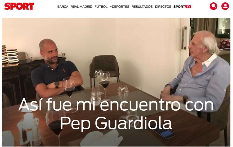 Guardiola em encontro com César Luis Menotti, em 2018 — Foto: Reprodução/Sport