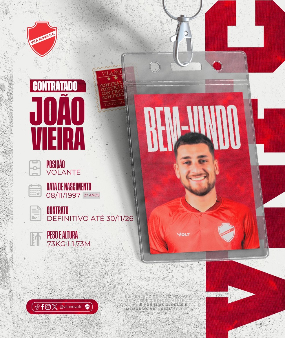 Vila Nova anuncia contratação do volante João Vieria — Foto: Comunicação / Vila Nova F.C.