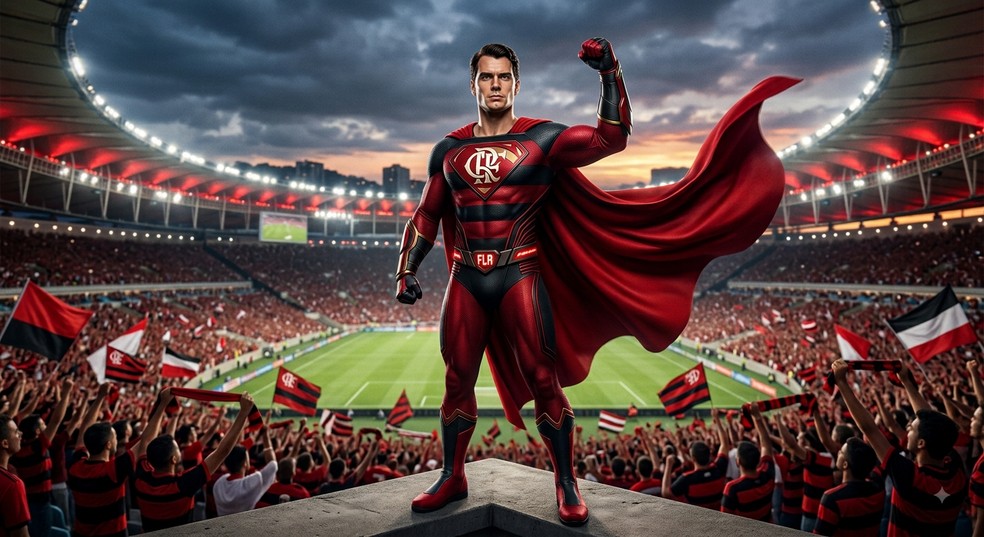 Imagem feita por IA associando o Flamengo ao Superman — Foto: Montagem feita por IA