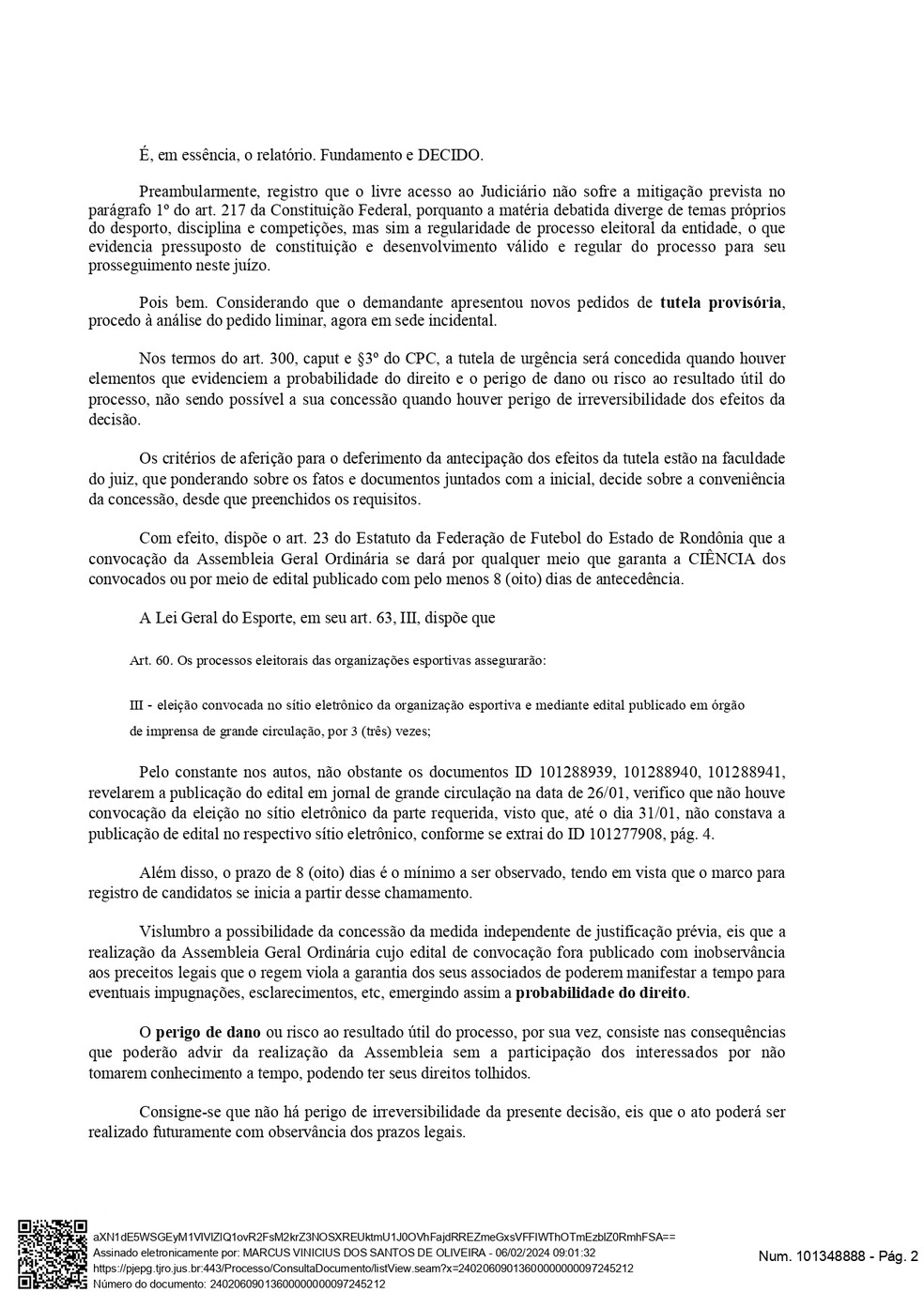 Decisão da Justiça Comum sobre a eleição na FFER — Foto: Divulgação