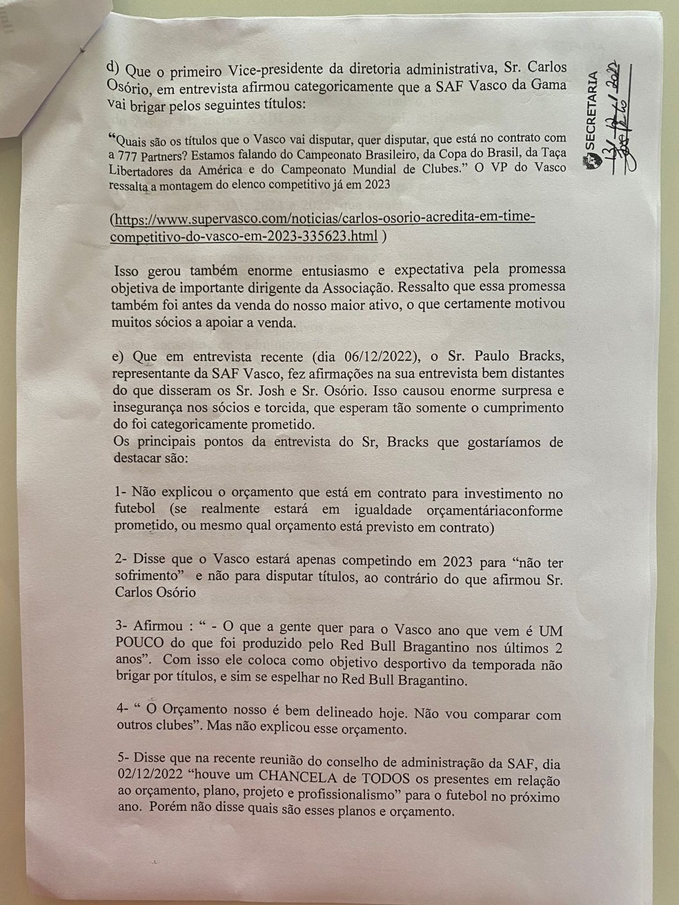 Vasco discute valores, e reunião com a 777 pode viabilizar