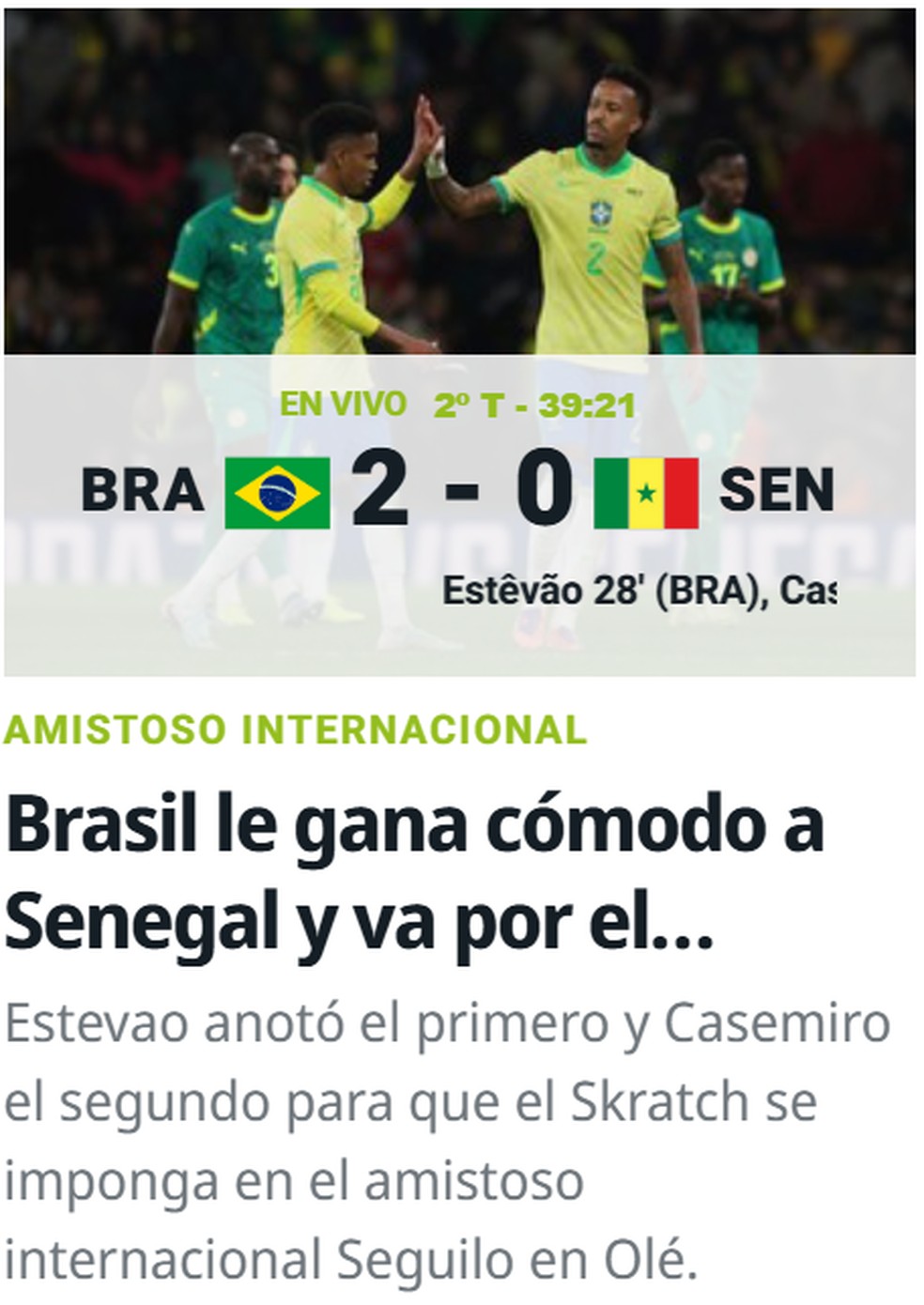 Diário Olé, da Argentina, destaca vitória do Brasil sobre o Senegal: "Brasil ganha do Senegal com folga" — Foto: Reprodução