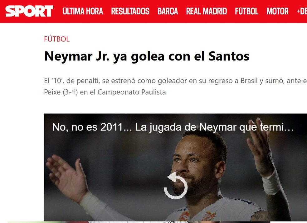 Sport destaca gol de Neymar pelo Santos — Foto: Reprodução