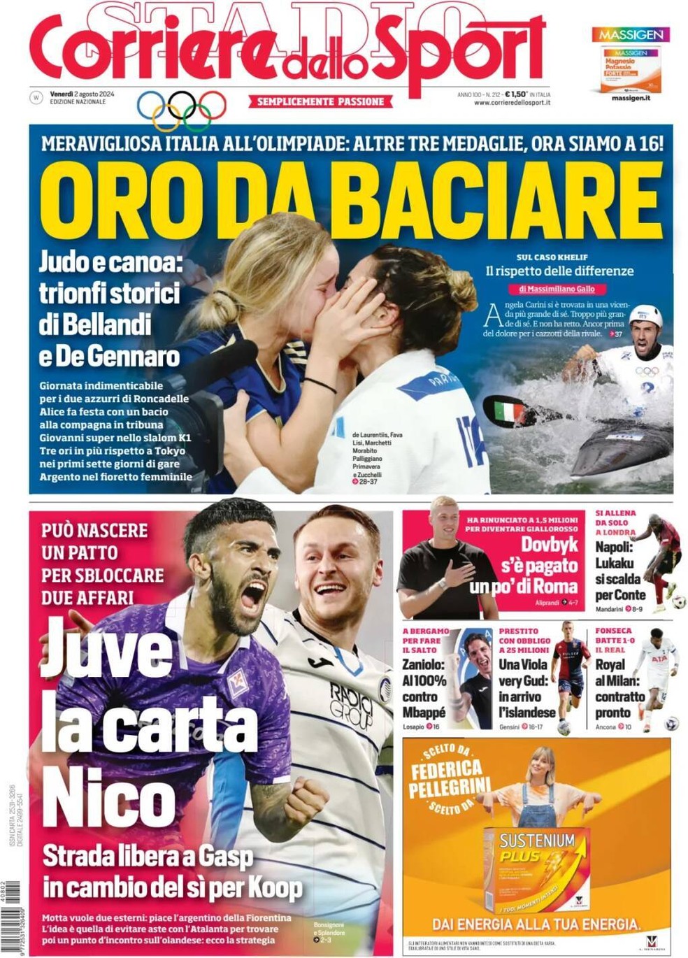 Capa, Corriere dello Sport, beijo,  Alice Bellandi &mdash; Foto: Reprodu&ccedil;&atilde;o