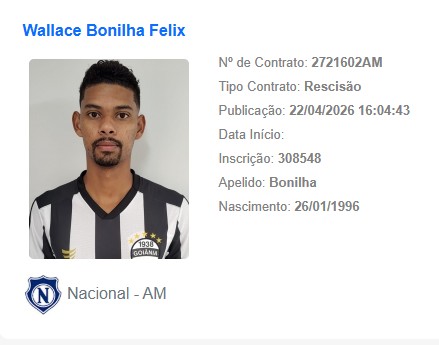 Nacional-AM confirma saída de Wallace Bonilha antes de duelo com o Manauara