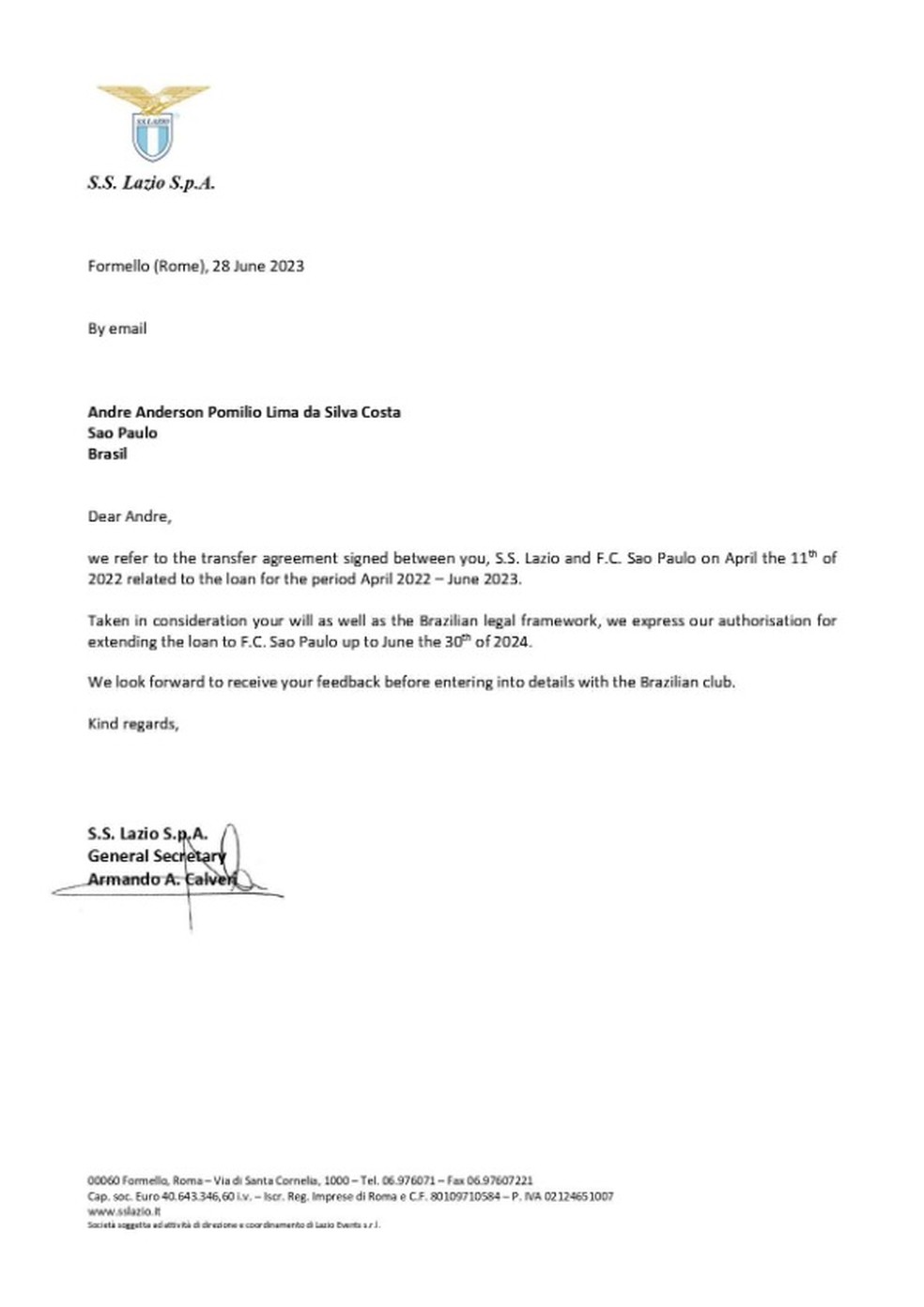 Comunicado da Lazio que autoriza empréstimo até o fim de 2024 — Foto: Reprodução