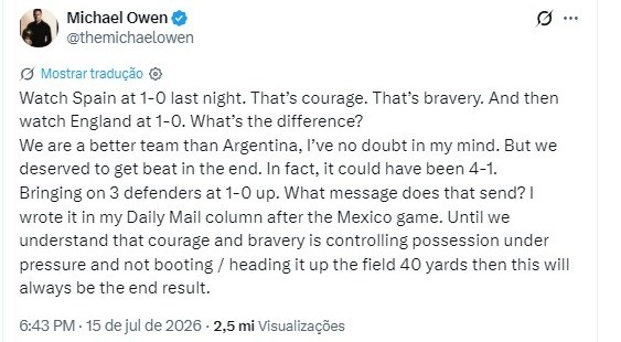 Ídolo da Inglaterra critica postura contra Argentina e compara com Espanha: "Faltou coragem"
