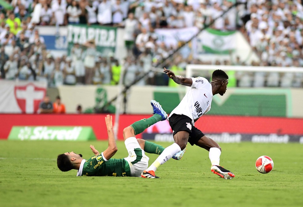 Felix Torres e Flaco López em Palmeiras x Corinthians — Foto: Marcos Ribolli