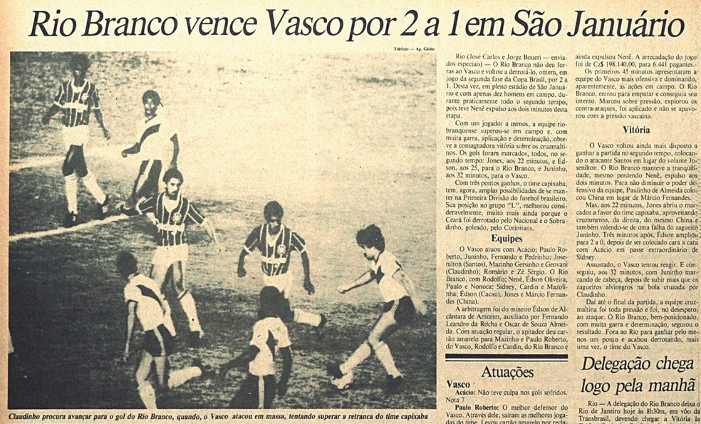 Rio Branco-ES venceu o Vasco, no 1986, pelo Brasileirão — Foto: Arquivo/Cedoc/A Gazeta