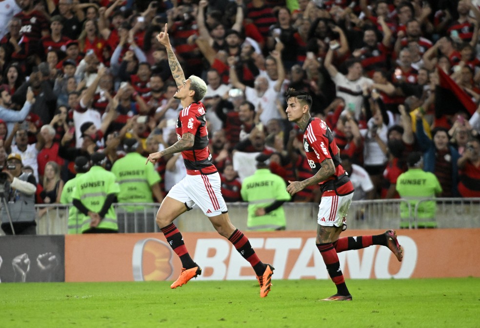 Pedro comemora primeiro gol do Flamengo — Foto: André Durão/ge
