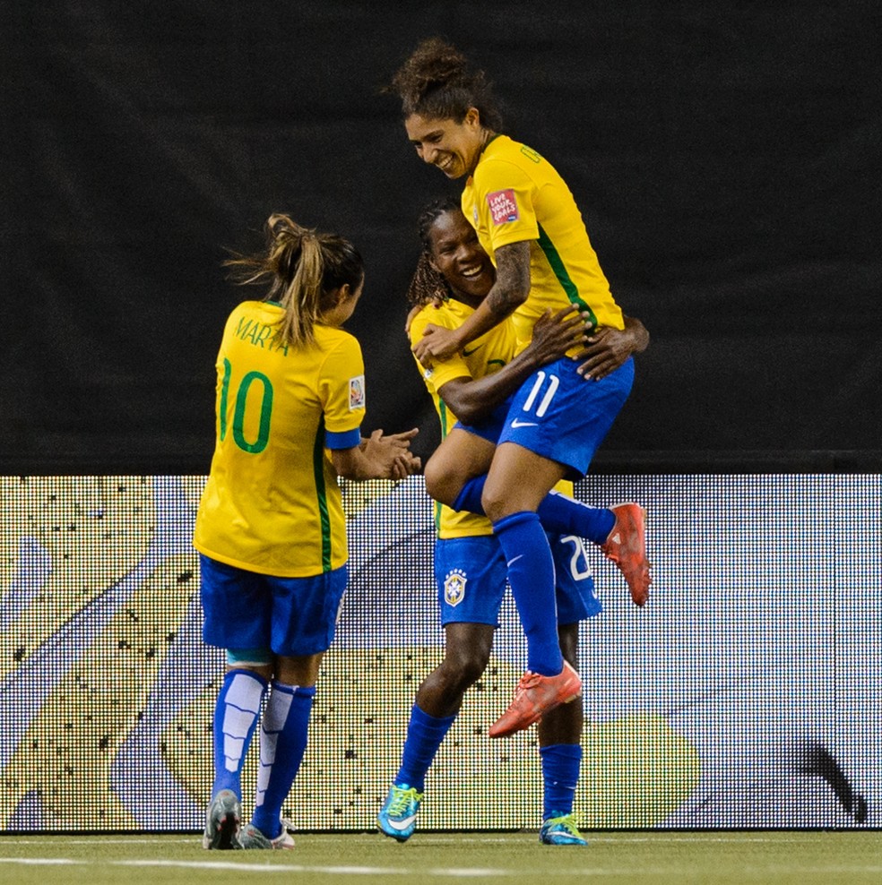 Trio Formiga, Marta e Cristiane fizeram história e ajudaram o Brasil a nunca ser derrotado em estreias nas Olimpíadas — Foto: AFP
