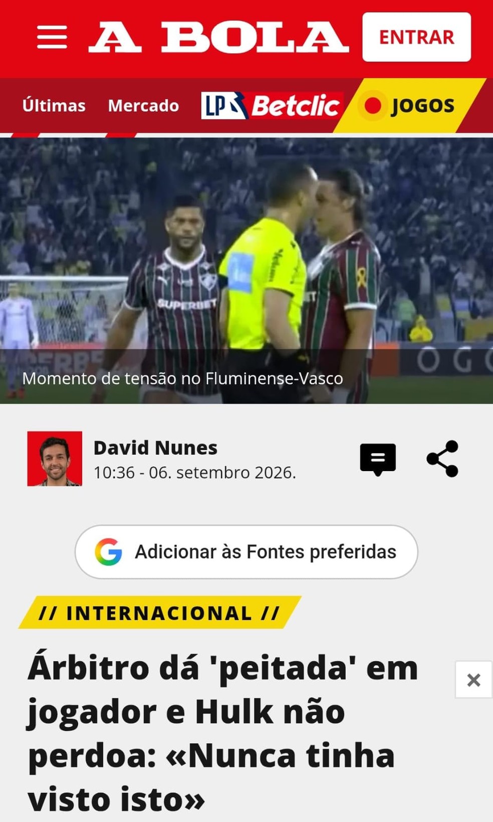 A Bola de Portugal repercute a peitada do árbitro em Cannobio, em Fluminense x Vasco — Foto: Reprodução