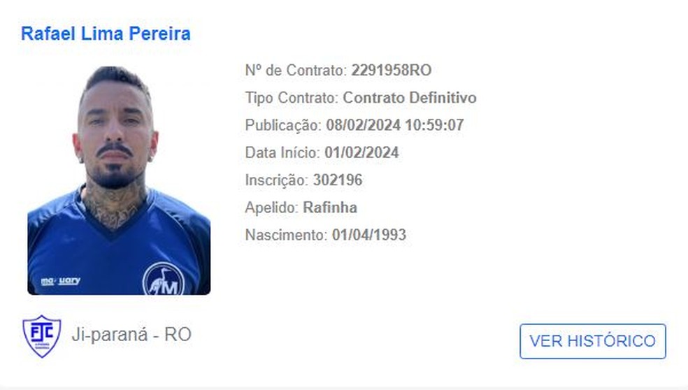 Rafinha, ex-Flamengo, regularizado pelo Ji-Paraná — Foto: BID