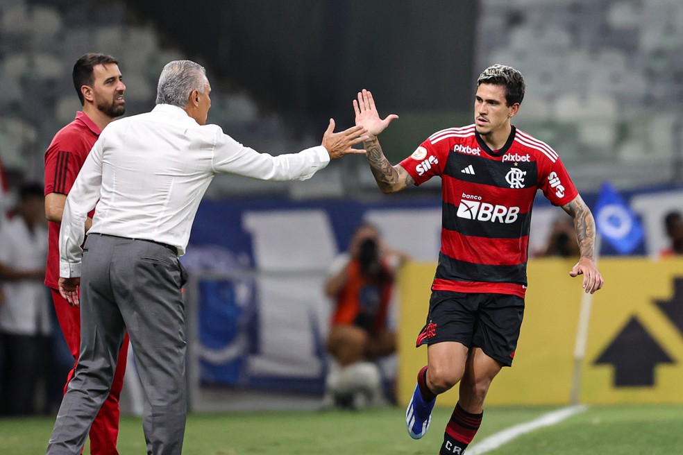 Pedro comemora gol do Flamengo contra o Cruzeiro com Tite — Foto: Gilson Lobo/AGI