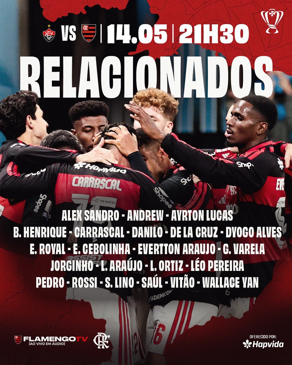 Lista de relacionados do Flamengo para enfrentar o Vitória, pela Copa do Brasil — Foto: Divulgação: Flamengo