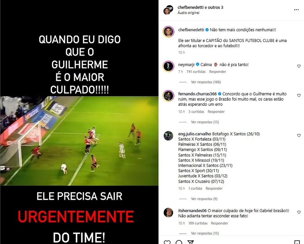 Neymar defende Guilherme em postagem contra o jogador do Santos nas redes sociais — Foto: Reprodução/Instagram