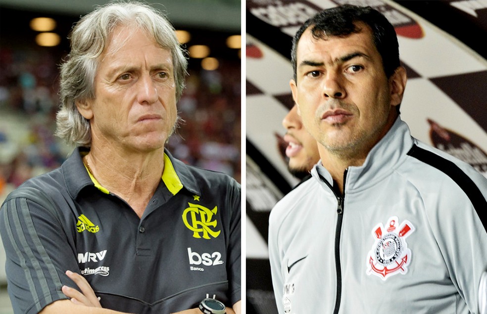 Jorge Jesus e  F&aacute;bio Carille foram rivais em 2019, h&aacute; tr&ecirc;s anos e meio &mdash; Foto: ge