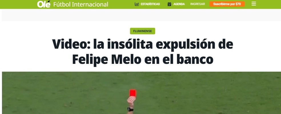 Expulsa de Felipe Melo ganha destaque na Argentina — Foto: Reprodução