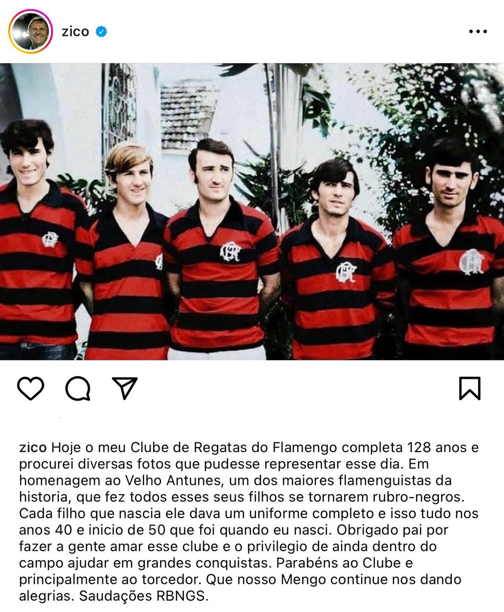 Zico posta homenagem para o Flamengo — Foto: Reprodução