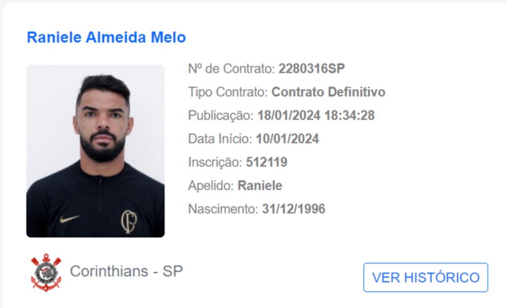 Raniele regularizado no BID, da CBF — Foto: Reprodução/CBF