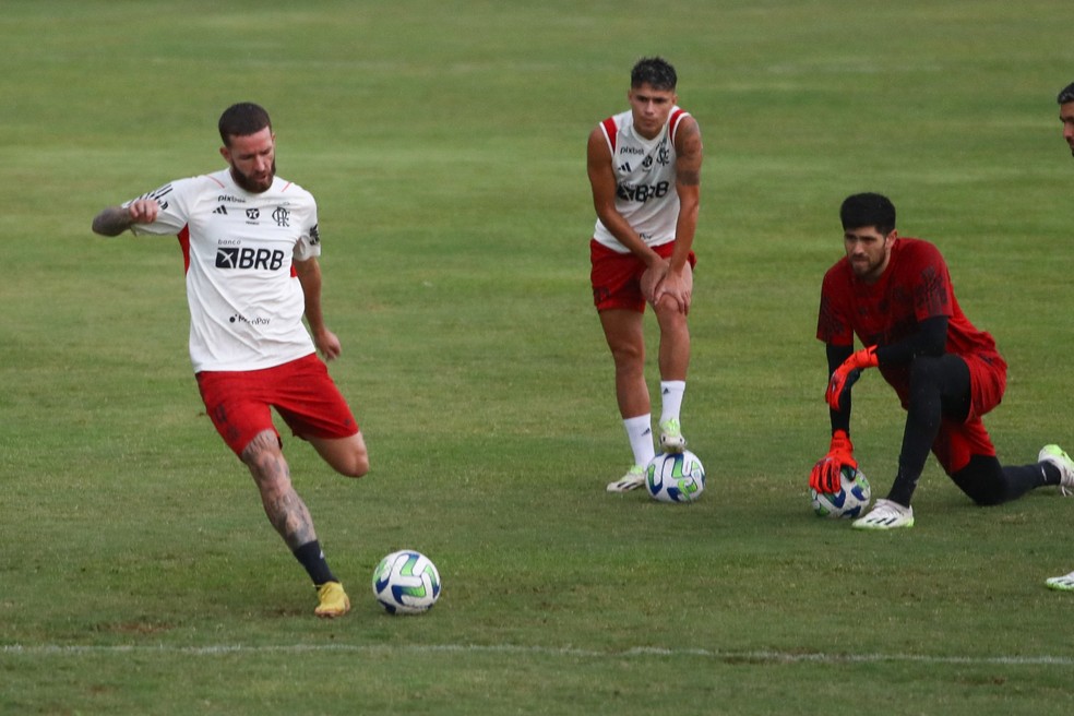 Léo Pereira, Luiz Araújo e Rossi treinam pelo Flamengo — Foto: Gilvan de Souza / CRF