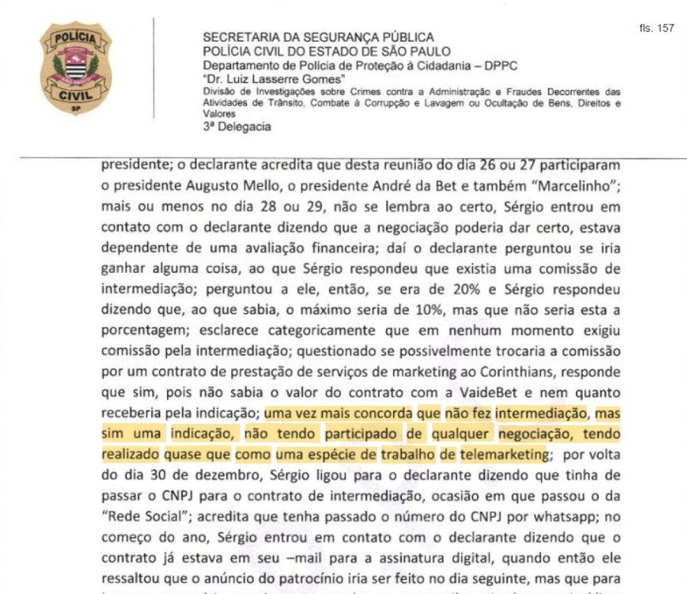 Trecho do depoimento de Alex Cassundé à Polícia Civil — Foto: Reprodução