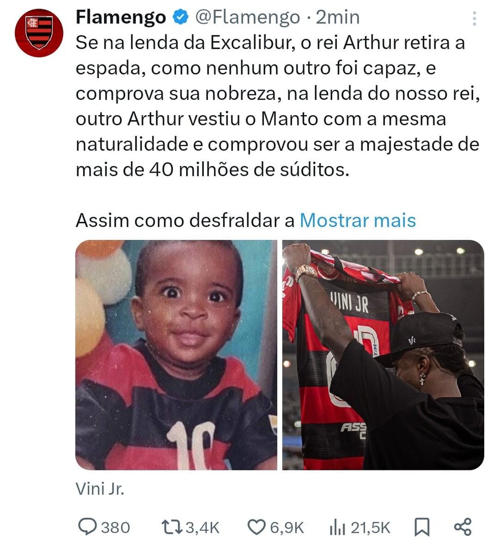 Flamengo protesta por Vini Jr não ganhar a Bola de Ouro — Foto: Reprodução