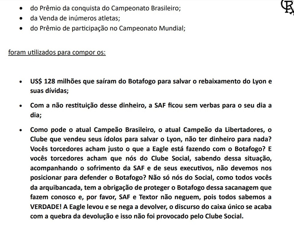 Carta do clube social do Botafogo  Foto: Reproduo