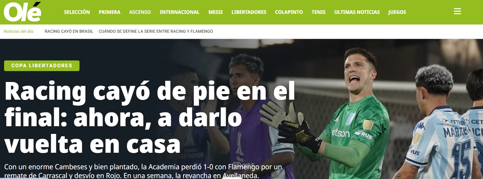 Racing se despede da Libertadores, mas Olé destaca que time caiu de pé contra o Flamengo