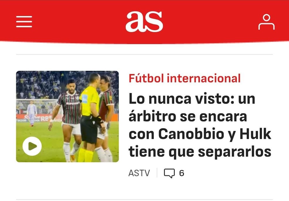 Jornal As, da Espanha, repercute a peitada do árbitro em Cannobio em Fluminense x Vasco — Foto: Reprodução