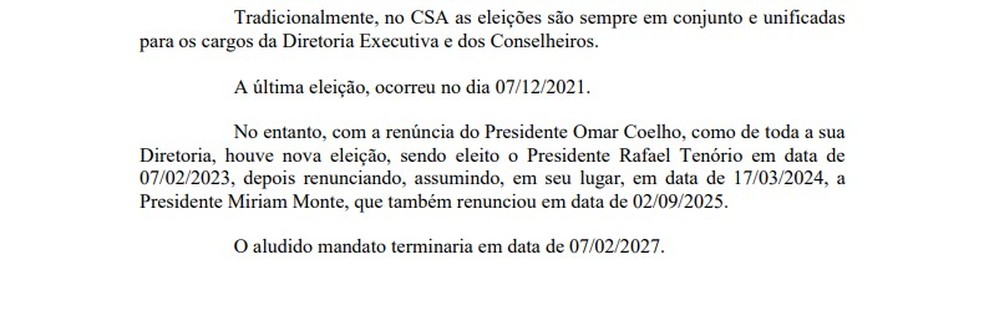 Ofício do CSA justifica que eleições para o conselho devem ocorrer em 2027 — Foto: Reprodução
