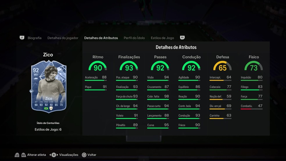 Atributos da nova carta especial de Zico — Foto: Reprodução/EA Sports