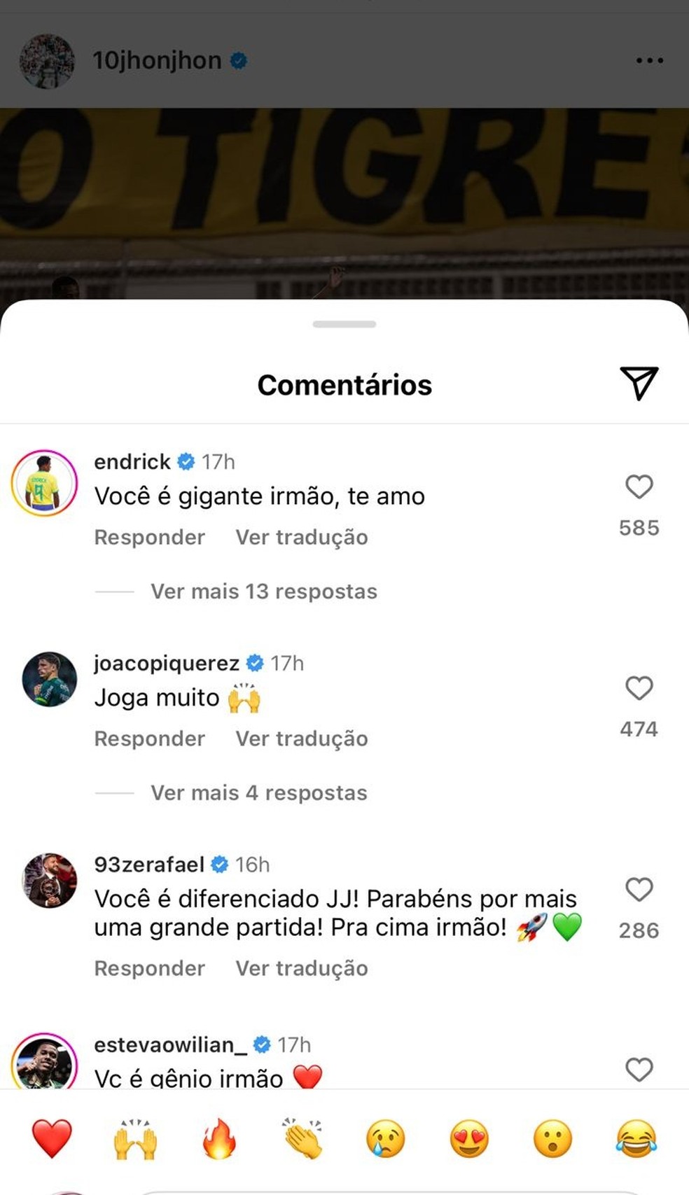 Companheiros de Palmeiras comentam postagem de Jhon Jhon após vitória sobre o São Bernardo — Foto: Reprodução