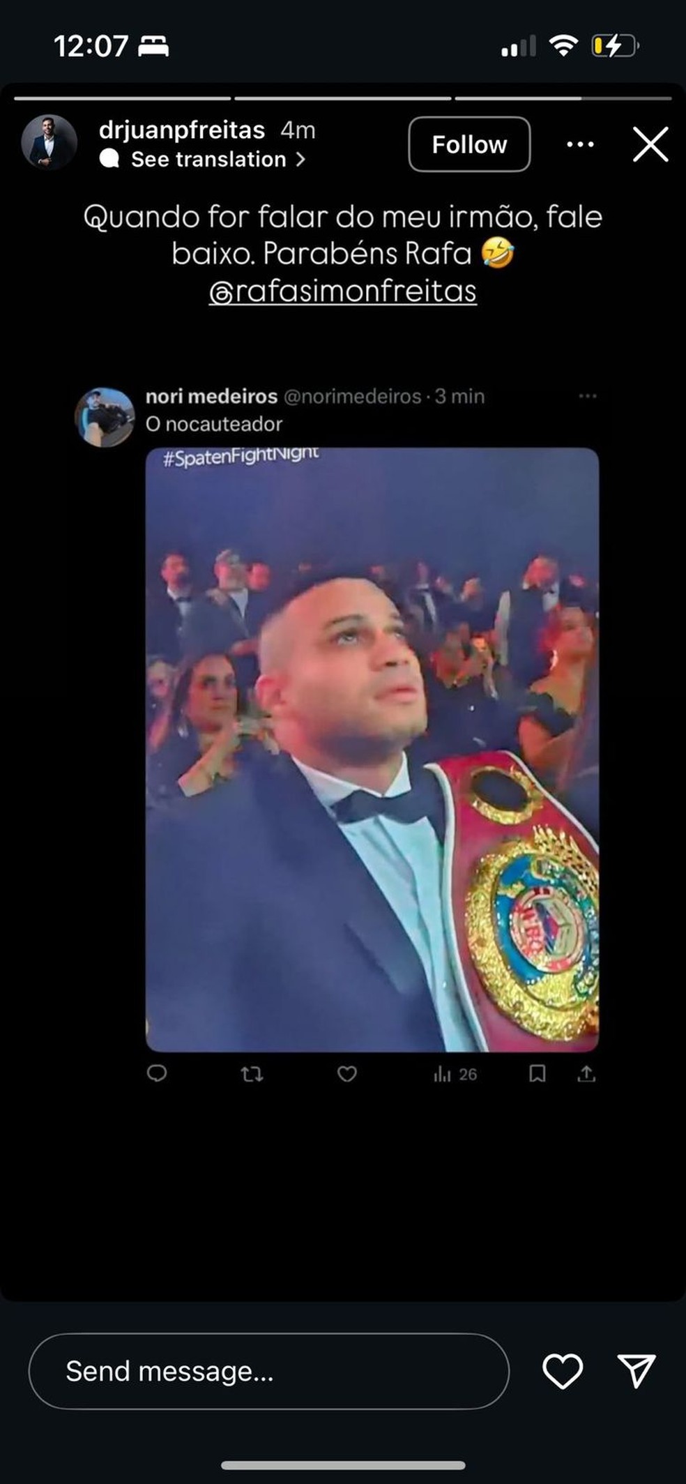 Post de Juan Freitas defendendo o irmão Rafael Freitas, que agrediu Wanderlei após a luta com Popó — Foto: Reprodução redes sociais
