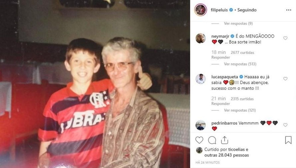 Neymar comenta em foto de Filipe Luís no Flamengo em 2019