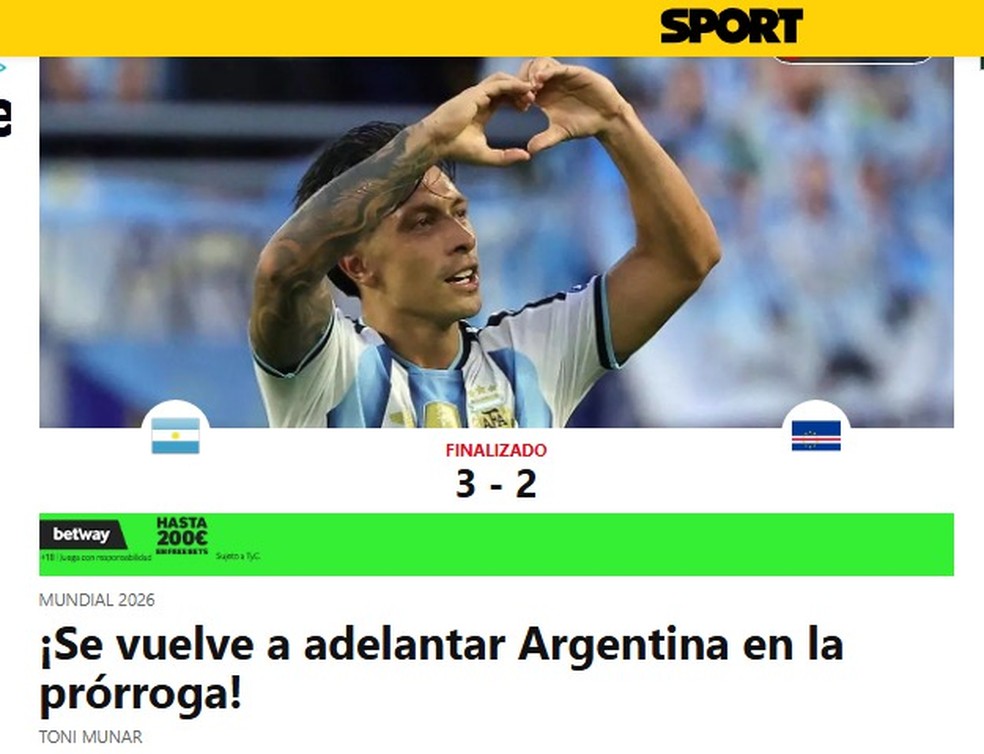 Capa do Sport ressalta a vitória da Argentina