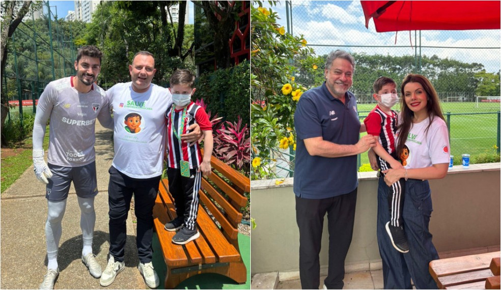 Arthur conheceu o goleiro do São Paulo, Rafael, e o presidente do clube, Julio Casares — Foto: Arquivo pessoal