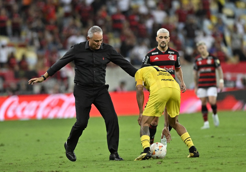 Tite entra em campo para agilizar a reposição de bola do Flamengo — Foto: André Durão