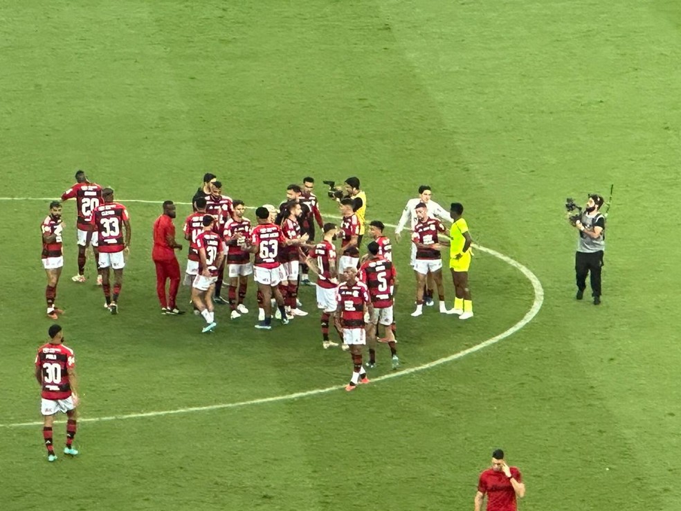 Endrick, do Palmeiras, conversa com Pedro, do Flamengo, após a partida — Foto: Emilio Botta