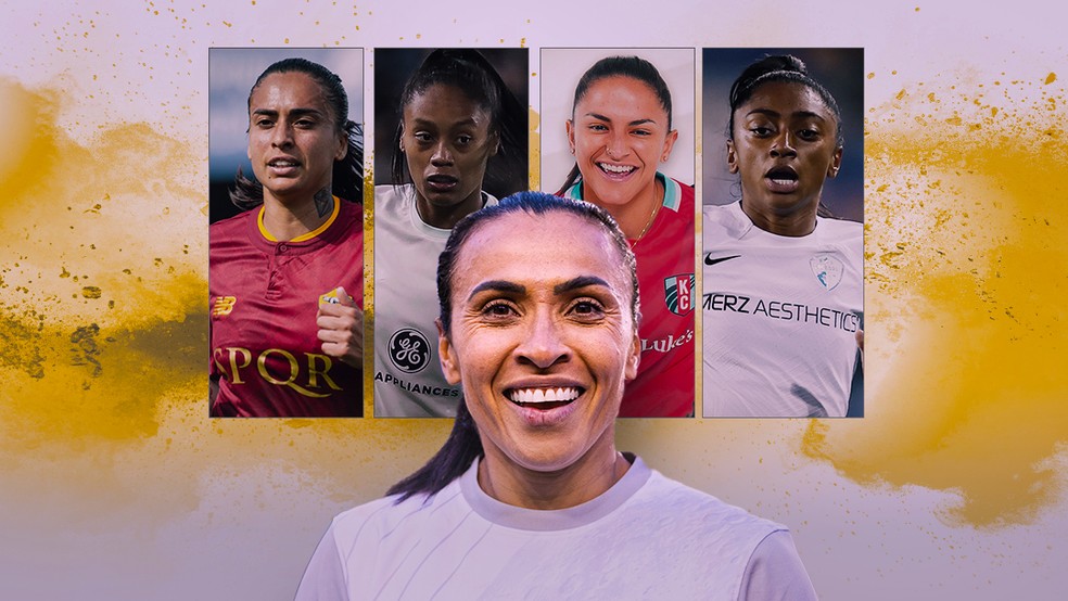 Marta, Andressa Alves, Ary Borges, Debinha e Kerolin estão entre as 13 brasileiras na NWSL 2024 — Foto: Arte: Infoesporte