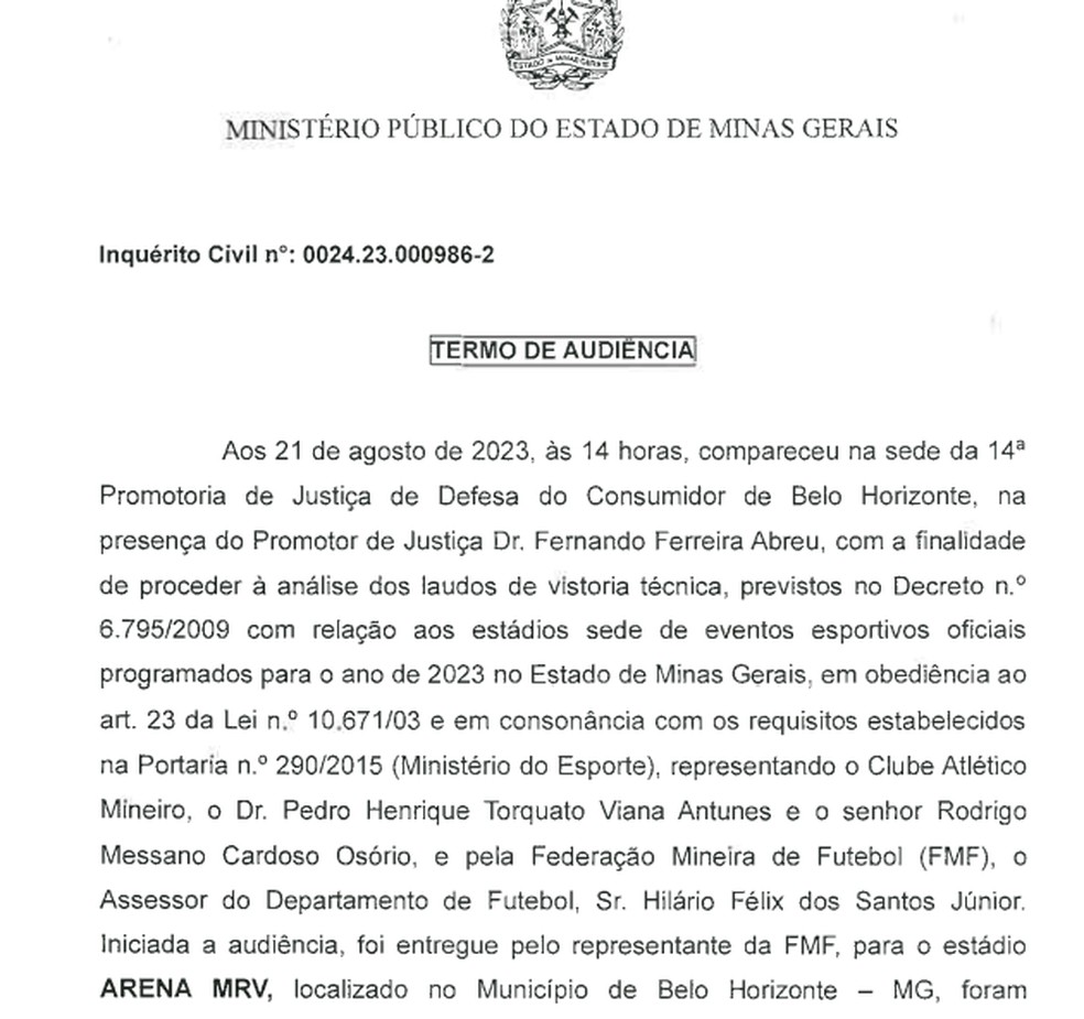 Termo de audiência - MP e Galo — Foto: Reprodução