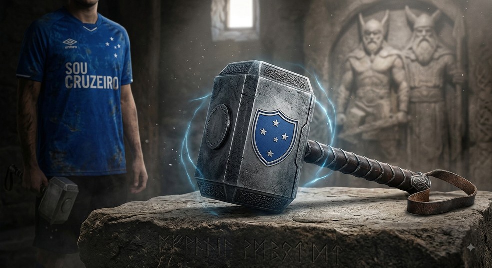 Machado do Thor com o escudo do Cruzeiro feito por Inteligência Artificial — Foto: Arte IA