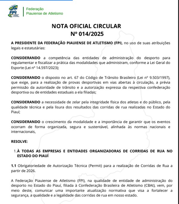 Nota oficial publicada pela Federa&ccedil;&atilde;o Piauiense de Atletismo &mdash; Foto: FPI