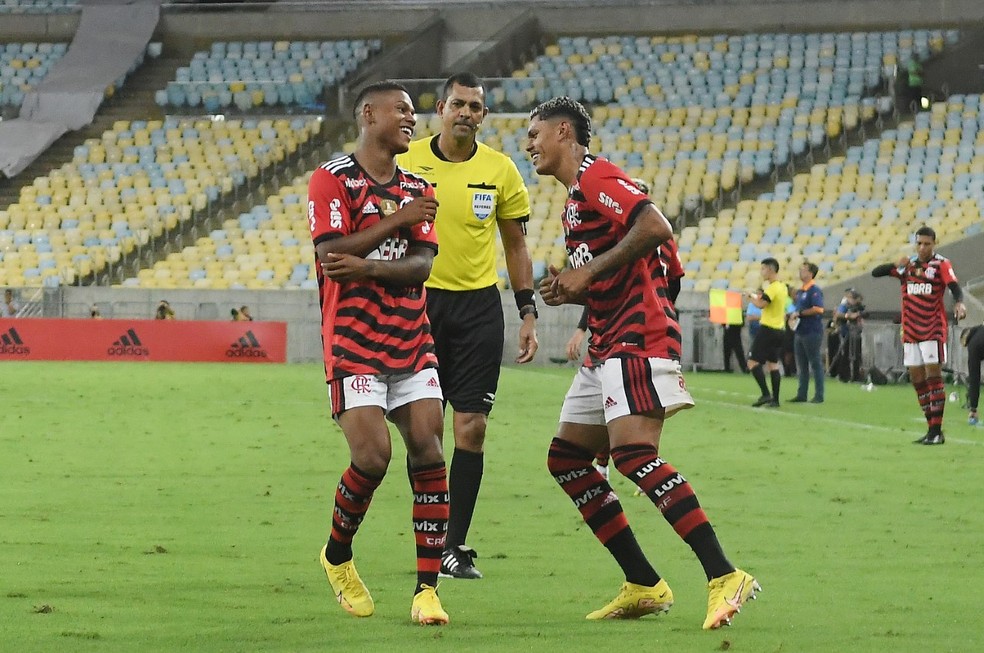 Matheus França e Mateusão comemoram gol do Flamengo contra o Audax — Foto: Alexandre Durão