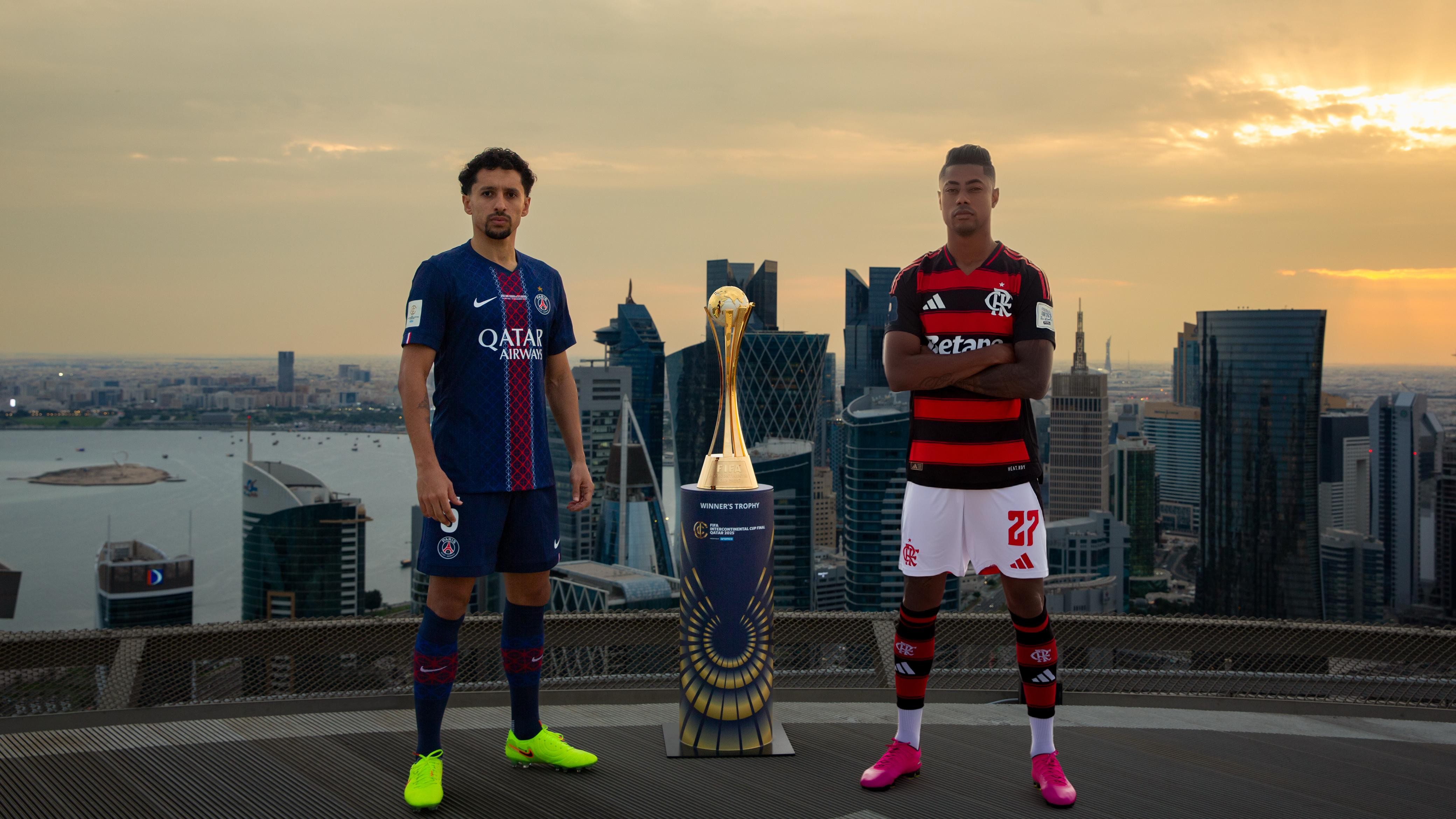 Marquinhos e Bruno Henrique celebram final em Doha com foto icônica do PSG x Flamengo