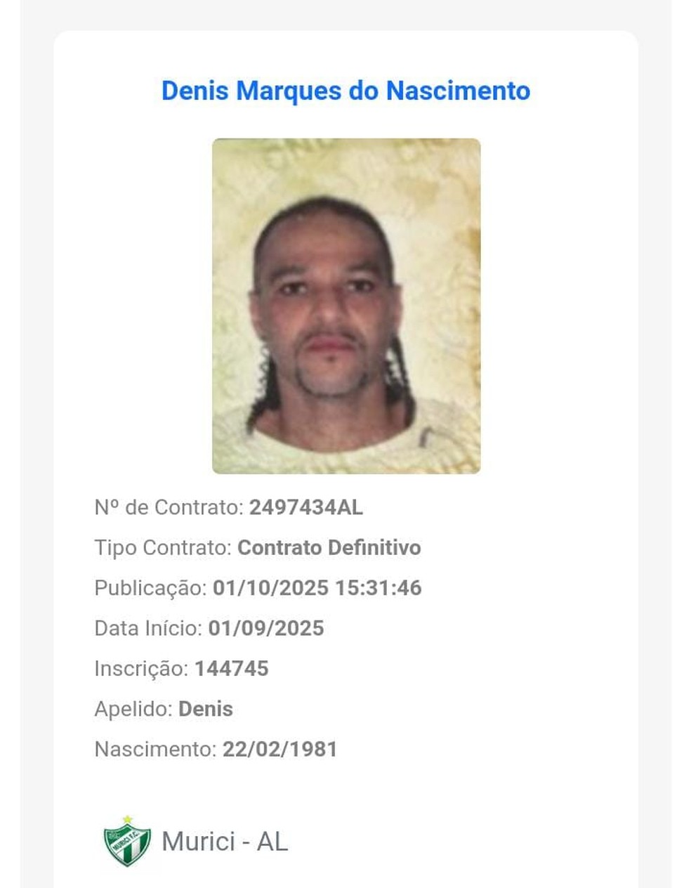 Dênis Marques foi regularizado no BID da CBF — Foto: Reprodução CBF